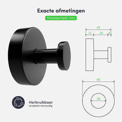 Zuignap met haak (2 stuks) - Handdoekhaakje - Zwart - RVS