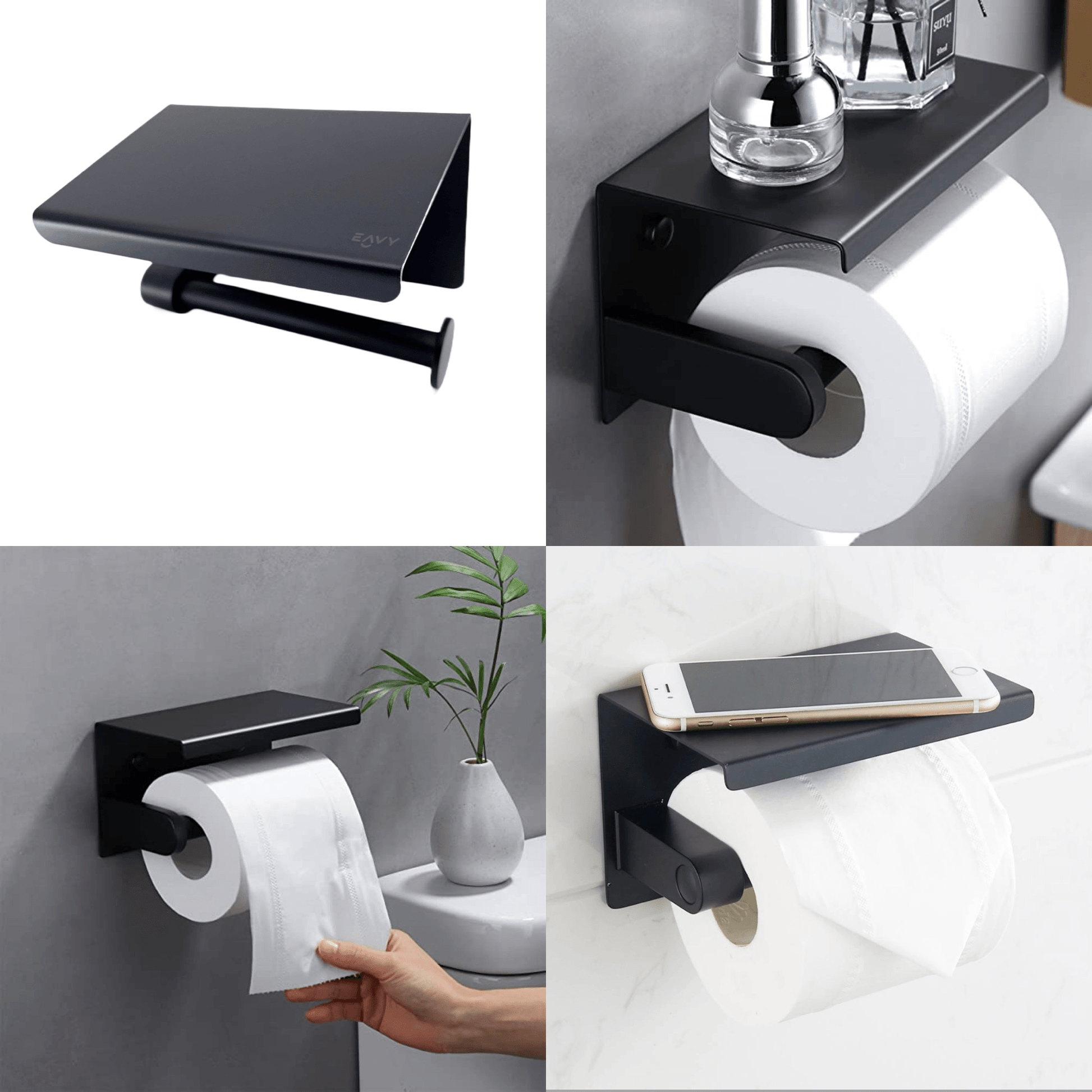 EAVY WC Rolhouder met Plankje - Zelfklevend / Zonder Boren / Boren - Toiletrolhouder - Zwart - Eavy.nl